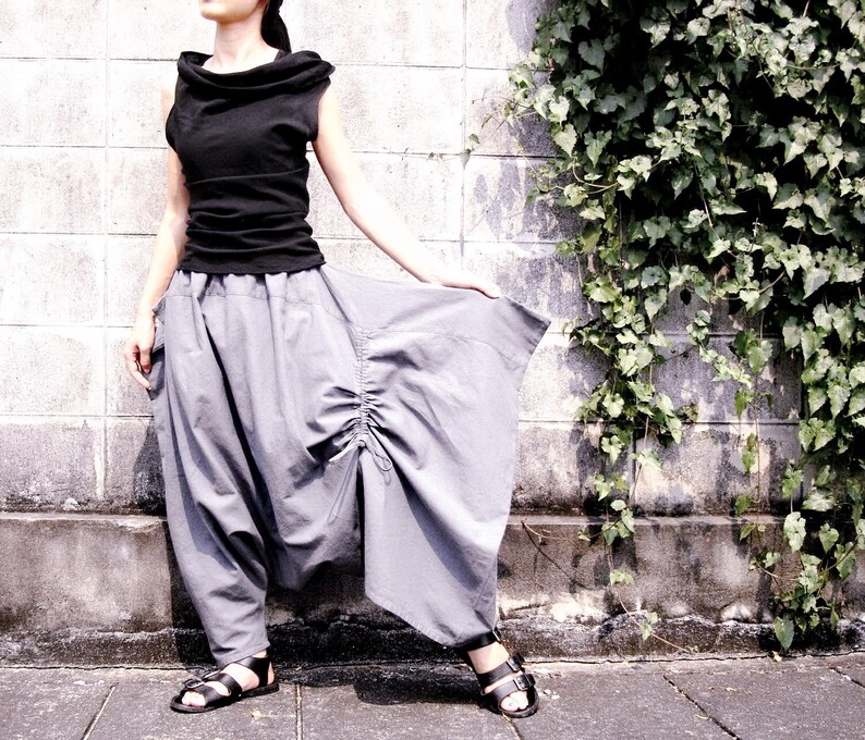 NO.155 Women's Drawstring Low Crotch Asymmetric Harem Pants, Extravagant Trousers in Gray image 2