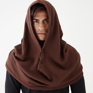 NO.97 Men's Hoodie Scarf, Hooded Cowl Buttons, Hooded Neck Warmer, Unisex Hoody Scarf in Brown image 2