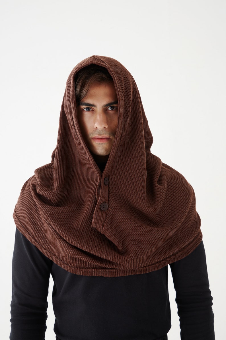 NO.97 Men's Hoodie Scarf, Hooded Cowl Buttons, Hooded Neck Warmer, Unisex Hoody Scarf in Brown image 2