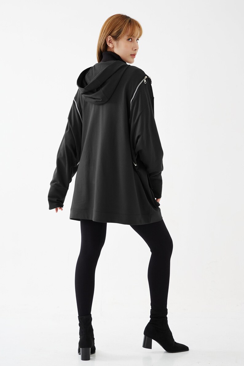 NO.277 Women's Oversized Hoodie Sweater, Zipper Detail Pullover, Casual Active Jacket, Unisex Sweater, Unisex Sweatshirt in Black image 9