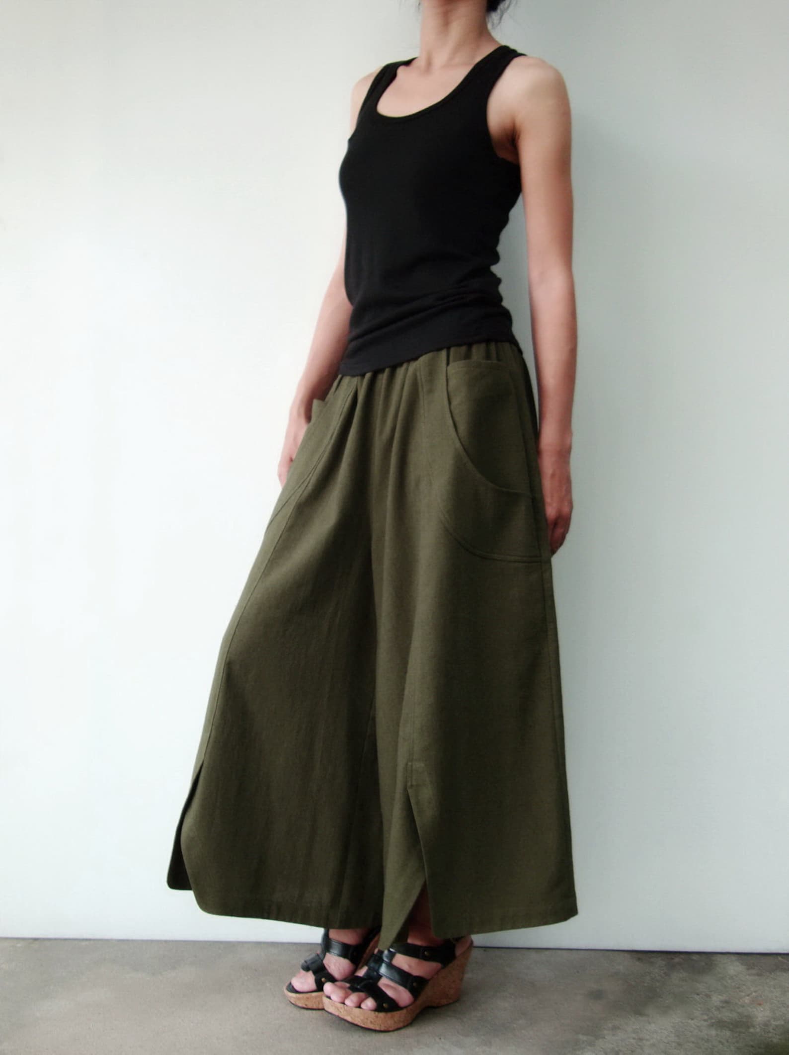 NO.41 Dark Olive Cotton Wide Leg Pants Women Palazzo Pants | Etsy