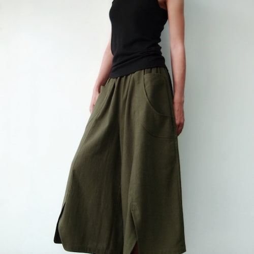 Pantalon palazzo à jambe large NO.41 pour femmes, pantalon décontracté ample en olive foncé