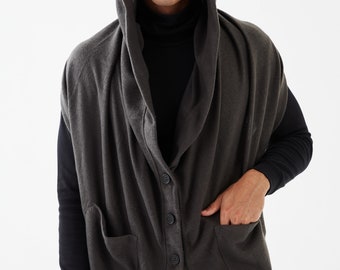 レッグウェア ORIMI HOODED SCARF NO.128 Men's Hooded Vest, Buttons Front Shawl, Cowl Hood