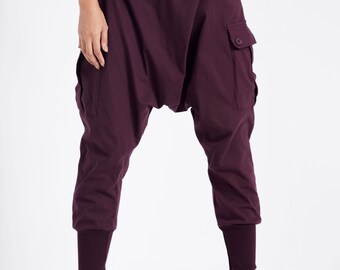 315 Pantalones de tiro caído con botones y solapa para mujer,  estilo harén con bolsillos, estilo jogger urbano unisex en color ciruela