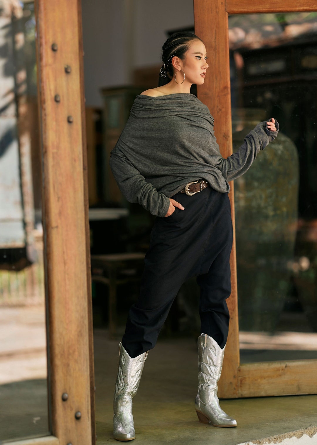 thumbnail image 2 of Women's Oversized V-Neck Or Cowl Neck Long Sleeve Top - Rayon Blend, Loose Fit Tunic 2 of 11