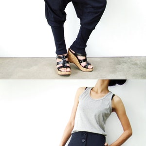 NO.64 Women's Button Front Detail Drop Crotch Harem Pants, Low Crotch Trousers, Casual Jogger Pants in Blue image 3