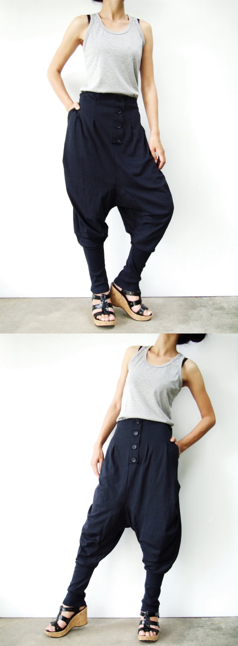 NO.64 Women's Button Front Detail Drop Crotch Harem Pants, Low Crotch Trousers, Casual Jogger Pants in Blue image 3