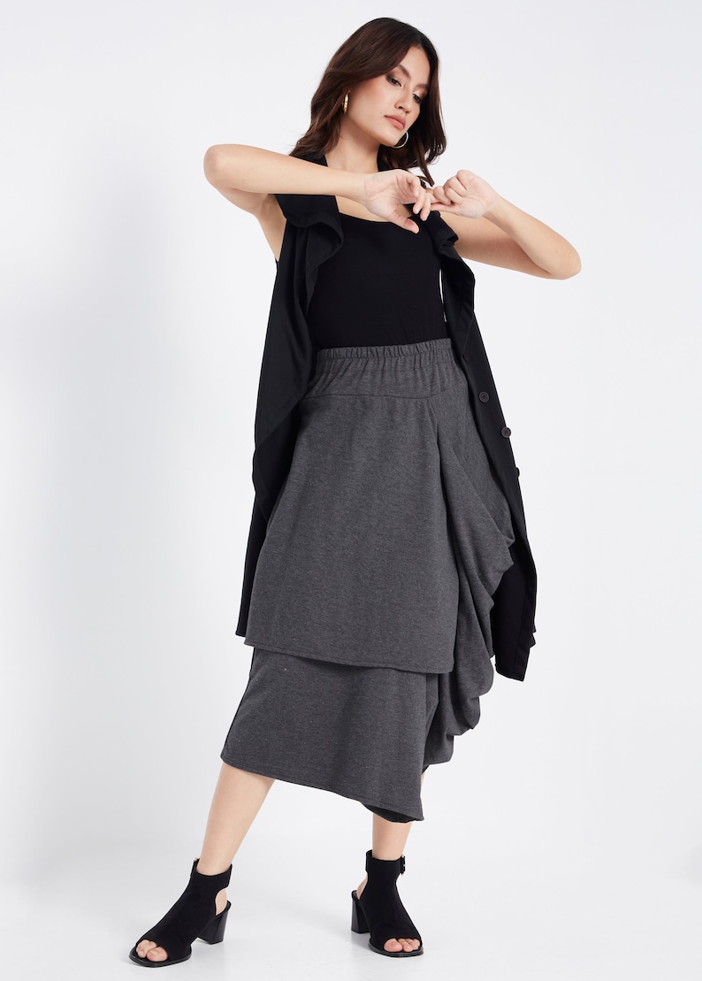 NO.187 Women's Taxidermy Asymmetric Skirt/Pants, Casual Wide Leg Trousers, Cropped Pants/Skirt in Mottled Gray image 5