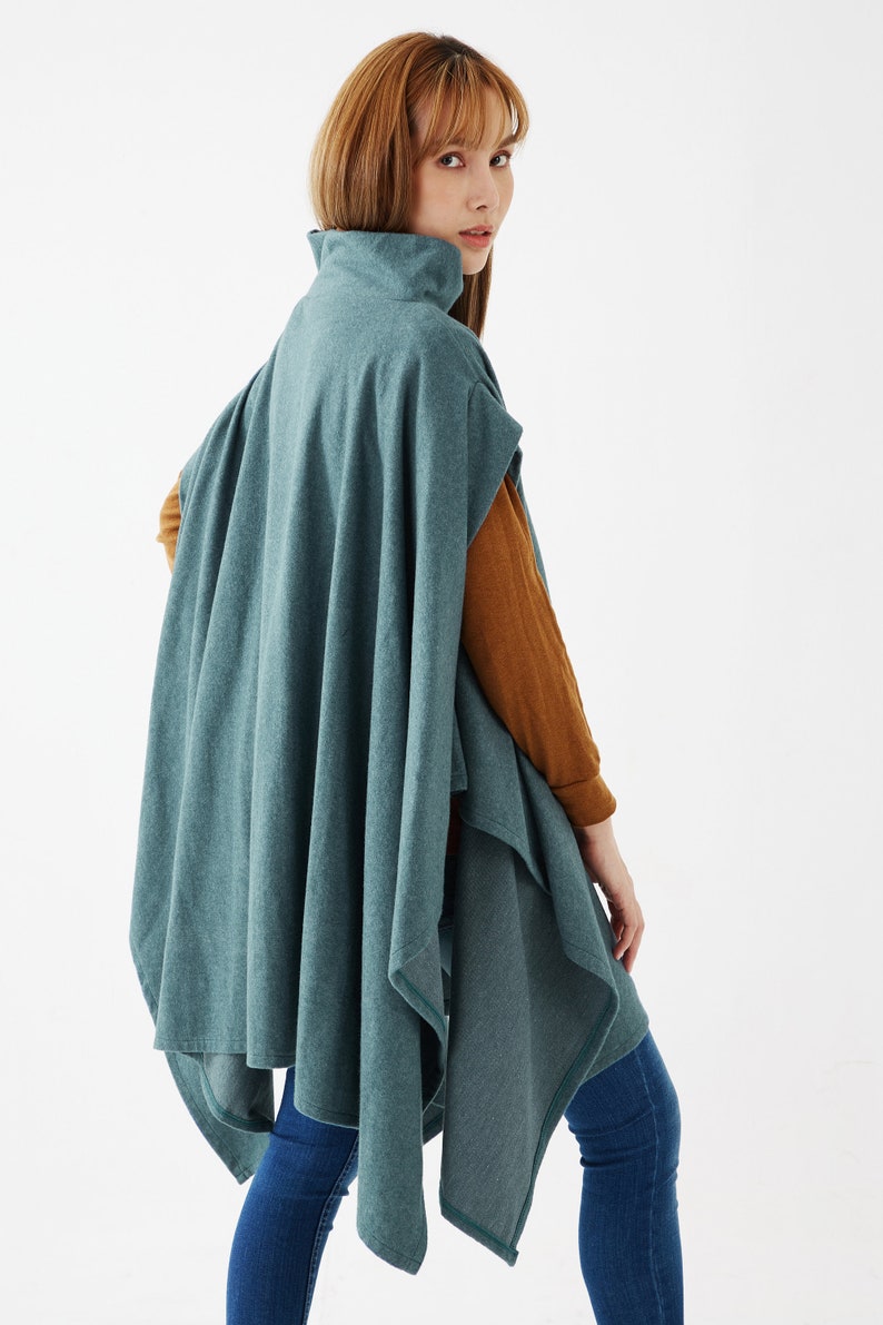 NO.279 Womens Stand Collar Poncho Sweater, Extravagant Asymmetric Poncho Fall Winter, Poncho in Heather Teal image 1