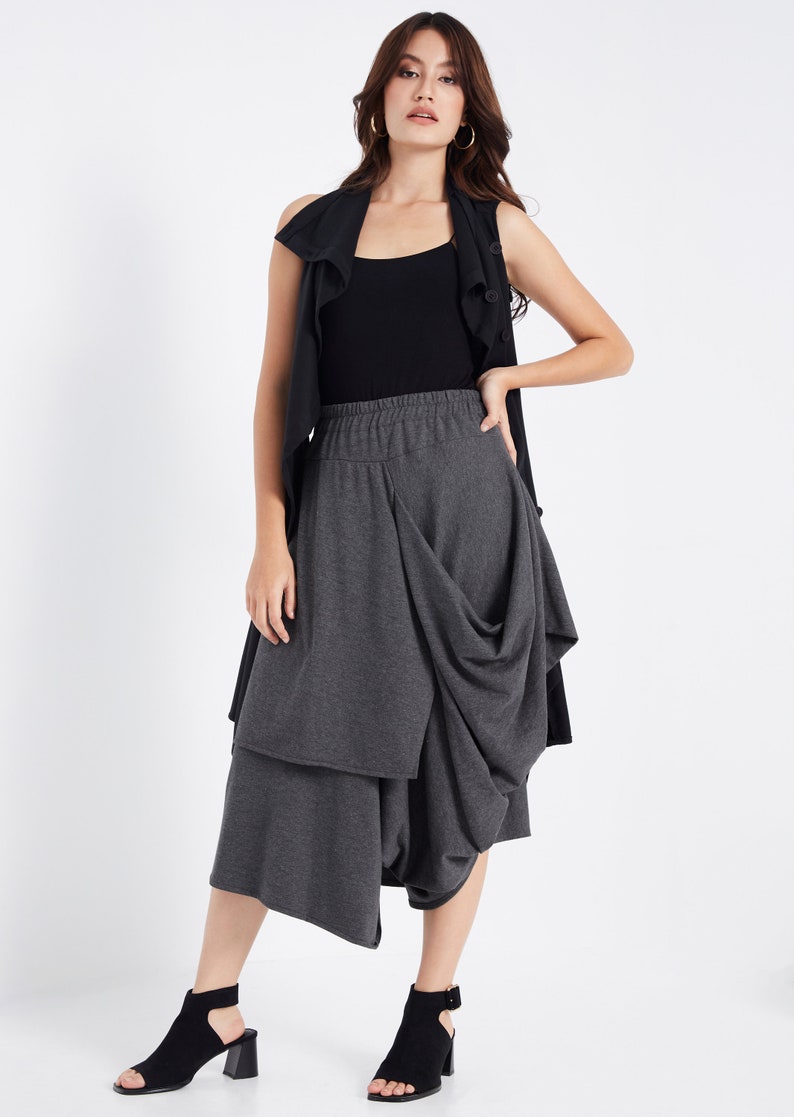NO.187 Women's Taxidermy Asymmetric Skirt/Pants, Casual Wide Leg Trousers, Cropped Pants/Skirt in Mottled Gray image 8