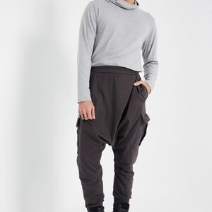 NEWNO.315 Mens Cross Front Drop Crotch Pants, Button Flap Pants, Harem Trouser with Pockets, Unisex Urban Joggers in Charcoal image 6