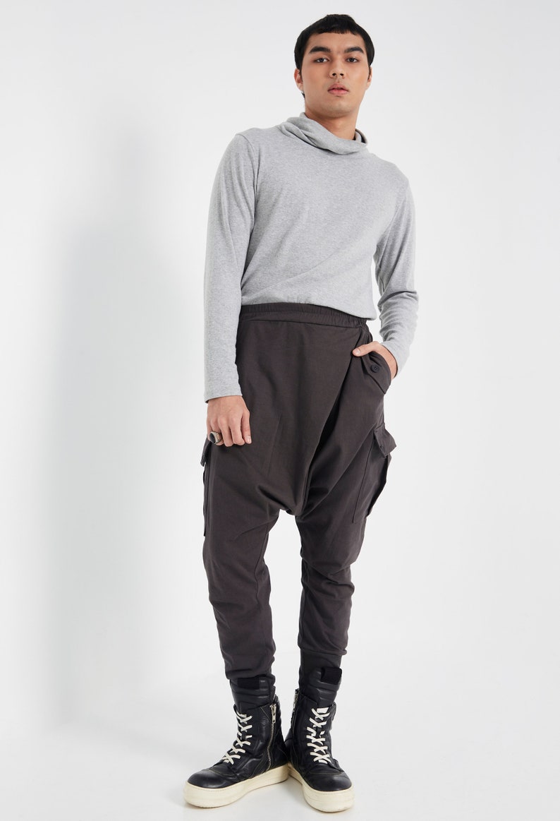 NEWNO.315 Mens Cross Front Drop Crotch Pants, Button Flap Pants, Harem Trouser with Pockets, Unisex Urban Joggers in Charcoal image 6