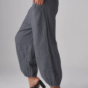 NO.266 Women's Striped Ankle Pants, Casual Cotton Relaxed Pants in Bluish Gray image 6
