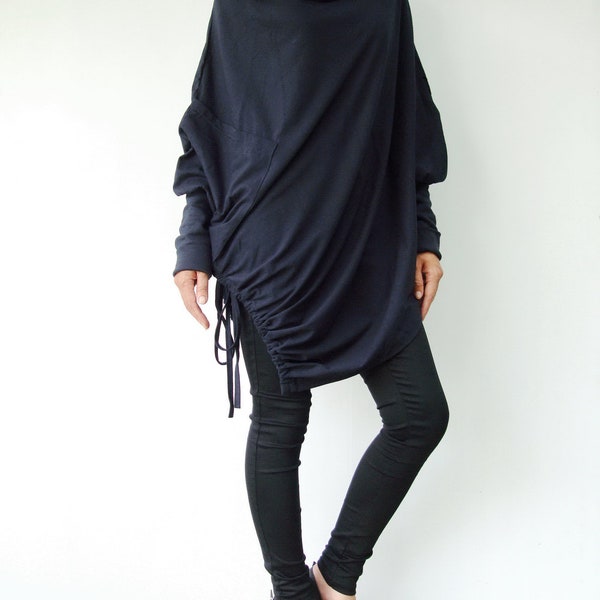 NO.59 Damen Cowl Neck Fledermaus Langarm Pullover mit Asymmetrischem Saum, Minimalistische Kleidung, Trendy Pullover Pullover in Blau