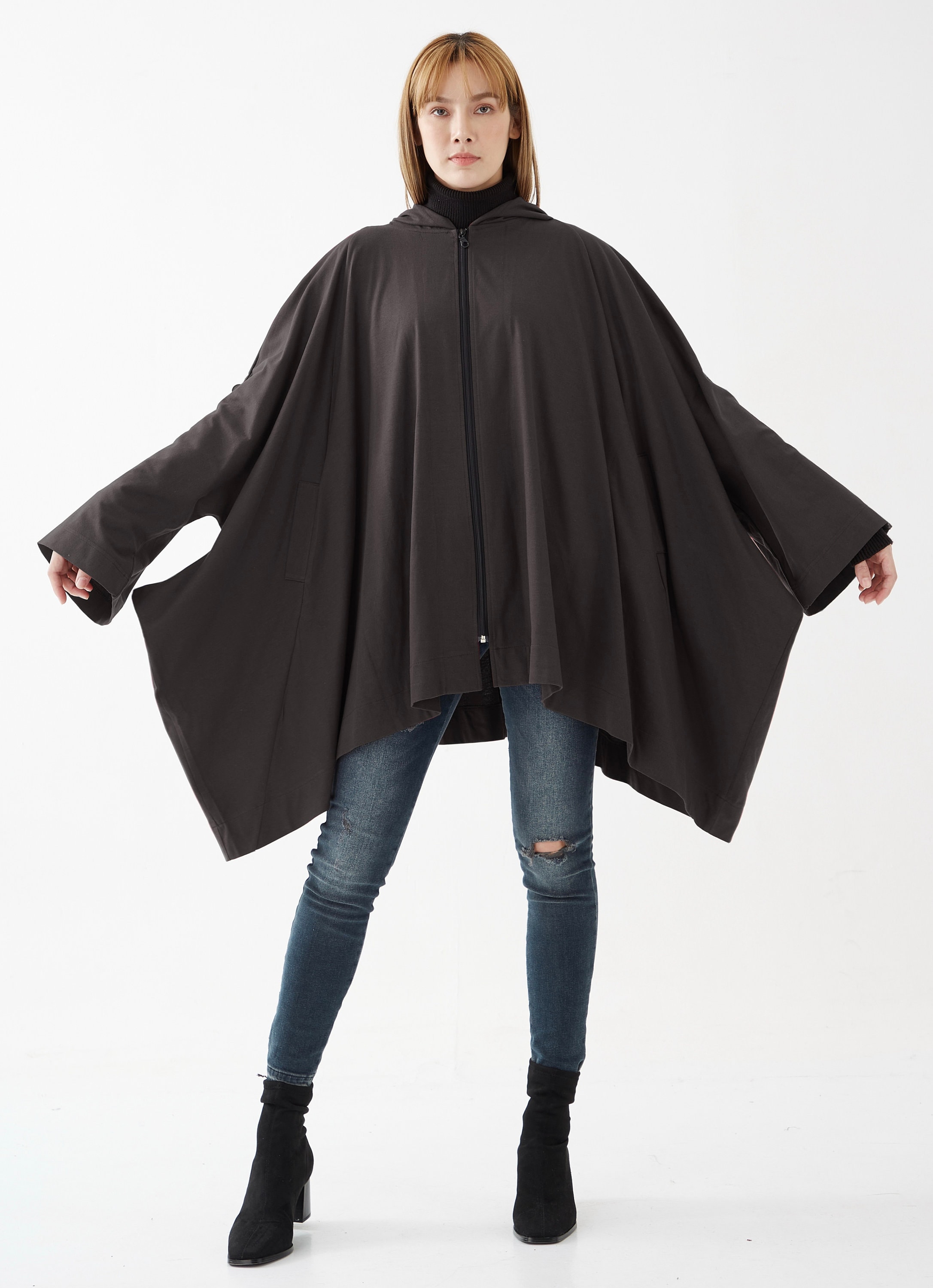 NO.179 Women's Long Sleeve Full-Zip Oversized Hoodie Jacket, Jacket with Hood, Unisex Hooded Jacket in Charcoal