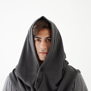 NO.97 Men's Hoodie Scarf, Hooded Cowl Buttons, Hooded Neck Warmer, Unisex Hoody Scarf in Gray image 2