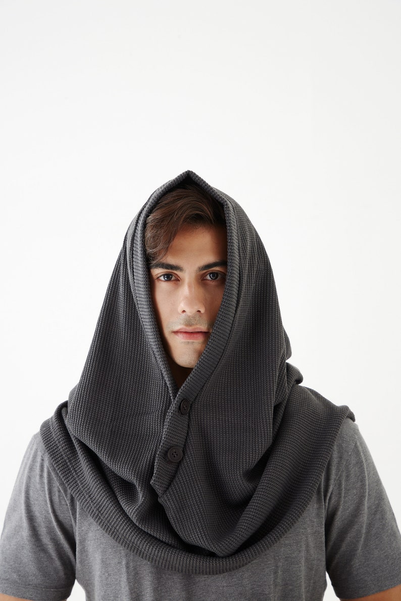 NO.97 Men's Hoodie Scarf, Hooded Cowl Buttons, Hooded Neck Warmer, Unisex Hoody Scarf in Gray image 2