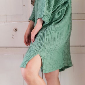 NO.238 Women's Three Quarter Sleeve Vertical Striped Detail V-Neck Kaftan, Cover Up Caftan, Natural Fiber Flexible Cotton Dress in Mint image 4