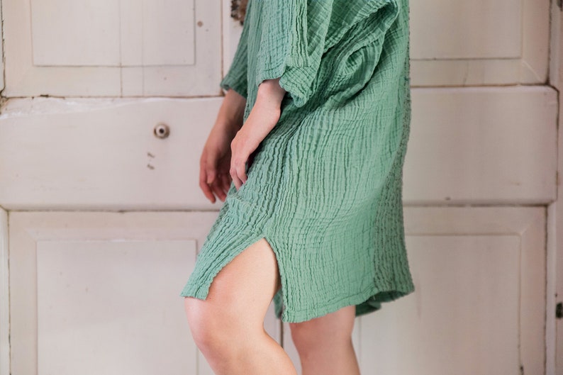 NO.238 Women's Three Quarter Sleeve Vertical Striped Detail V-Neck Kaftan, Cover Up Caftan, Natural Fiber Flexible Cotton Dress in Mint image 4