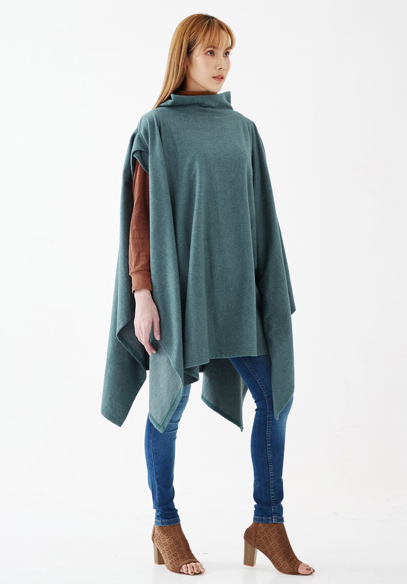 NO.279 Womens Stand Collar Poncho Sweater, Extravagant Asymmetric Poncho Fall Winter, Poncho in Heather Teal image 5