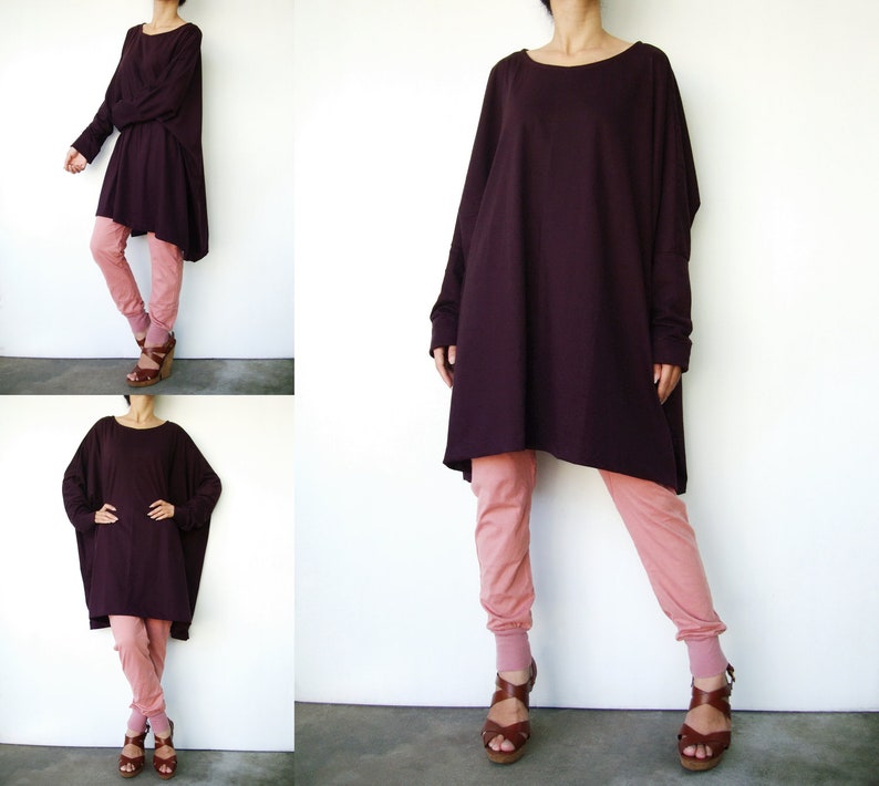 NO.62 Women's Scoop Neck Long Sleeve Tunic Top, Loose Fit Tshirt in Plum image 5