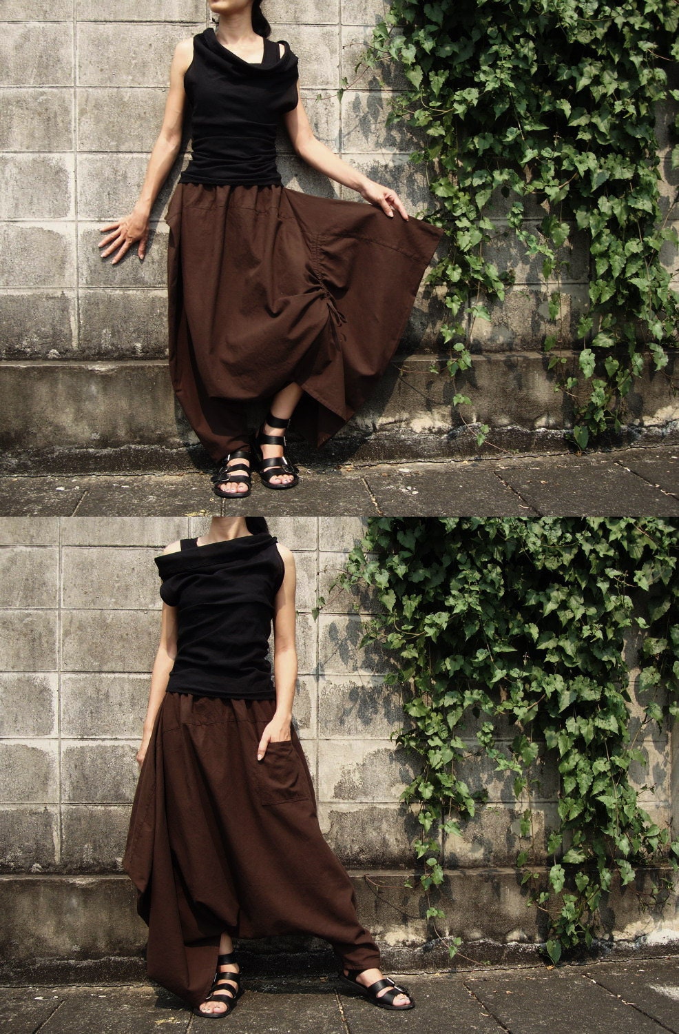 NO.26 Brown Cotton Asymmetric Harem Pants Women Low Crotch Etsy