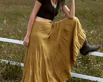 NO.305 Women's Smocked Waist Maxi Skirt, Tiered Peasant Maxi Skirt, Natural Fiber Flexible Cotton Boho Skirt