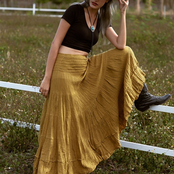 NO.305 Women's Smocked Waist Maxi Skirt, Tiered Peasant Maxi Skirt, Natural Fiber Flexible Cotton Boho Skirt