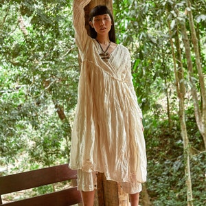 NO.251 Long Sleeve Wrap Dress, Casual Summer Dress, Natural Fiber Flexible Cotton Long Cardigan in Cream image 2