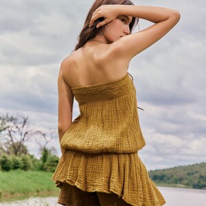 NEWNO.298 Women's Smocked Strapless Tube Top, Smocked Ruffle Skirt, Natural Fiber Flexible Cotton Smocked Strapless Tube Top/Skirt image 7