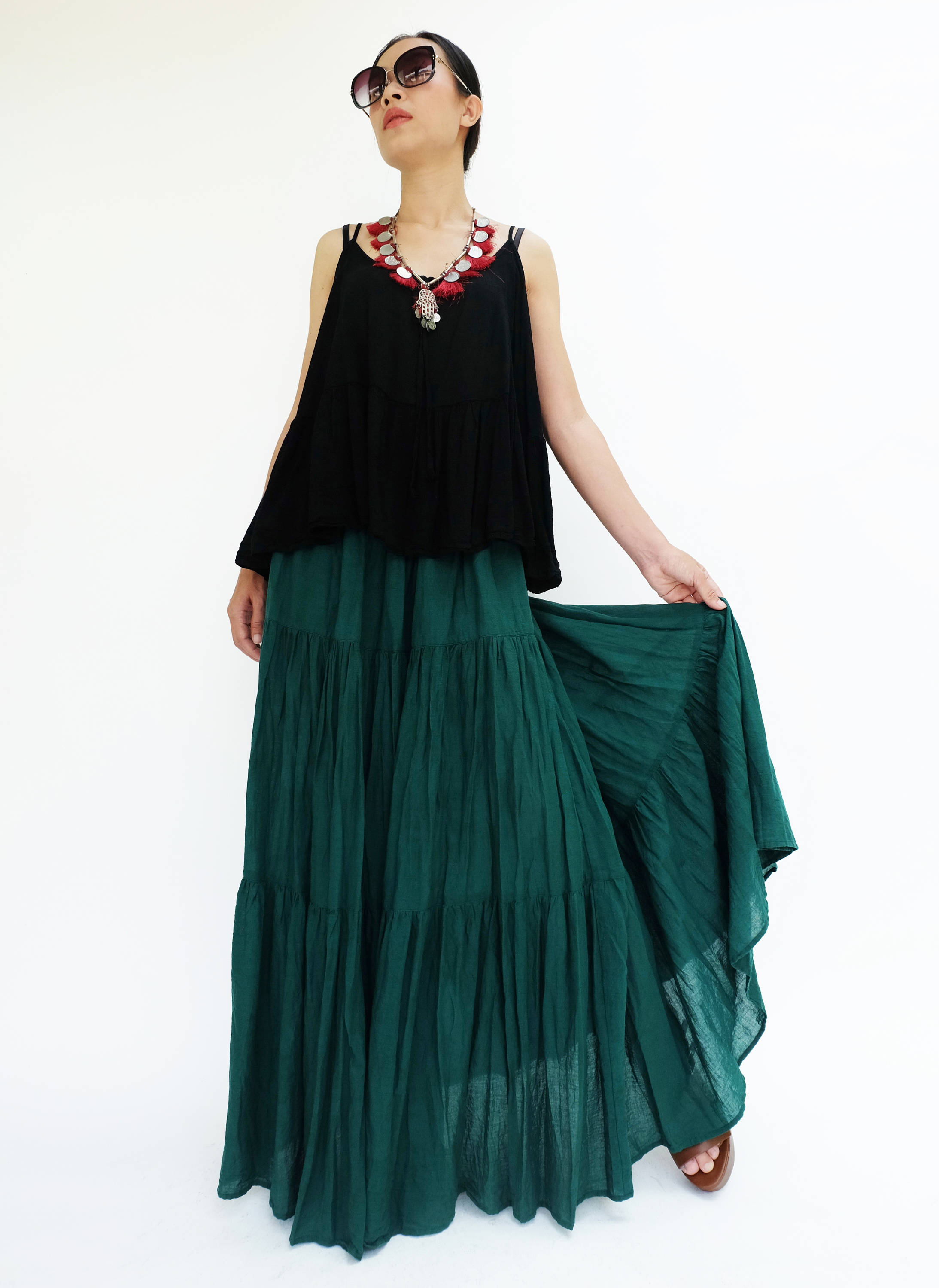 NO.5 Women's Hippie Gypsy Boho Tiered Peasant Long Maxi Skirt #Te…