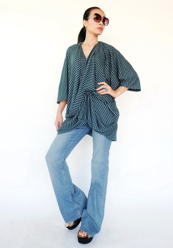 NO.250 Women's Drape Front Top, Striped Asymmetric Blouse in Teal