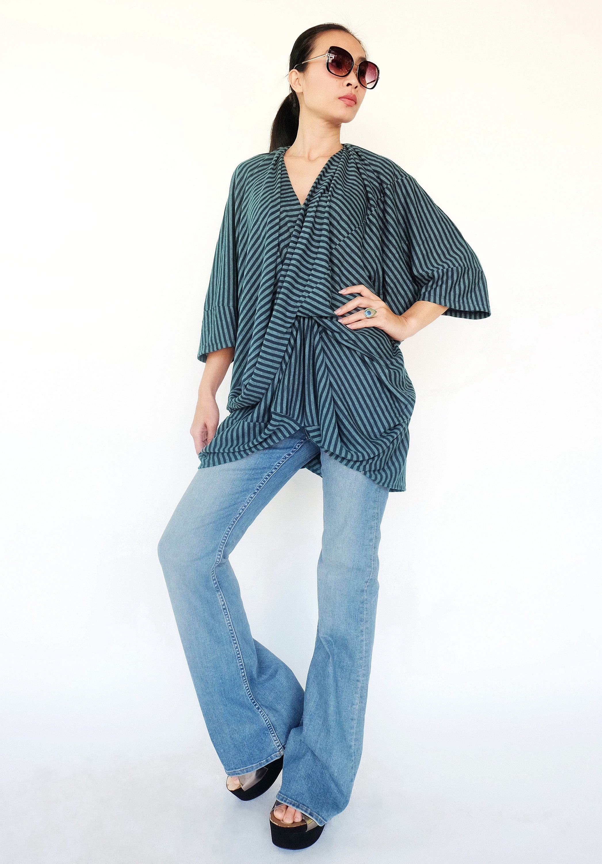 NO.250 Women's Drape Front Top, Striped Asymmetric Blouse in Teal