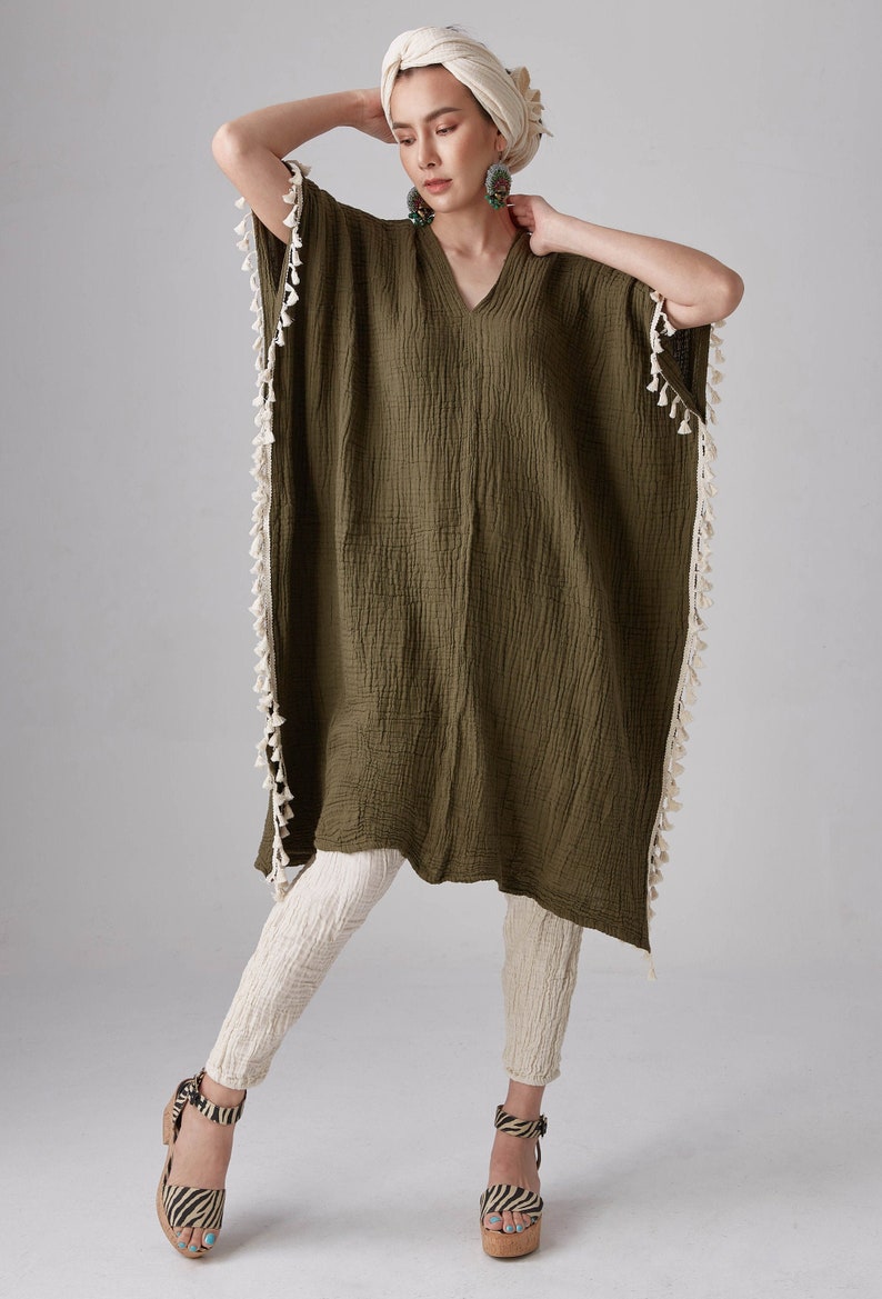 NO.287 Women's Fringe Trimmed Kaftan, Resort Dress, Boho Caftan Dress, Natural Fiber Flexible Cotton Kaftan in Olive image 1