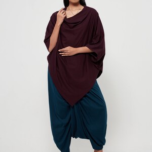 NO.63 Women's Cowl Neck Short Sleeve Top, Minimalist Clothing, Loose Asymmetrical Shirt in Plum image 4