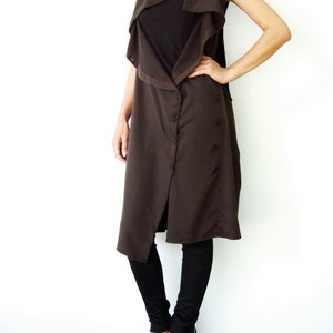 NO.67 Women's Front Effect Long Vest, Sleeveless Asymmetric Cardigan, Casual Long Top with Pockets in Brown image 3