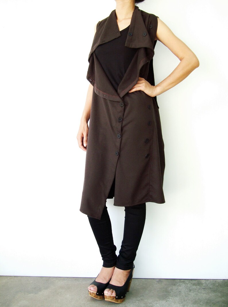 NO.67 Women's Front Effect Long Vest, Sleeveless Asymmetric Cardigan, Casual Long Top with Pockets in Brown image 3