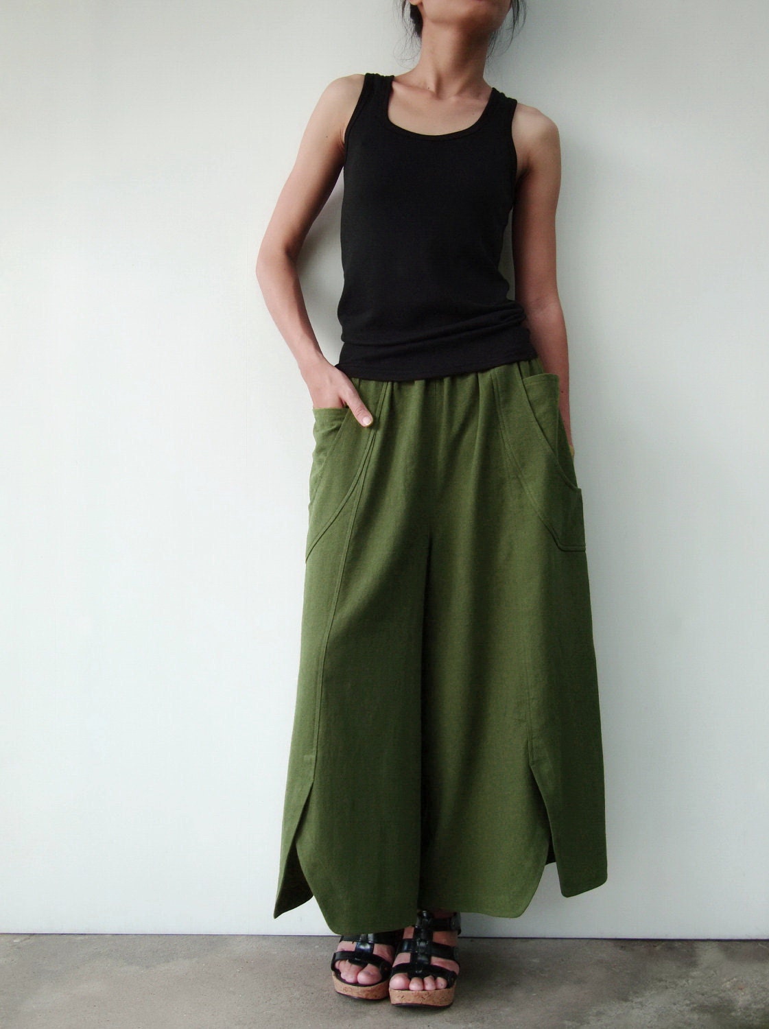 NO.41 Light Olive Cotton Wide Leg Pants Women Palazzo Pants | Etsy