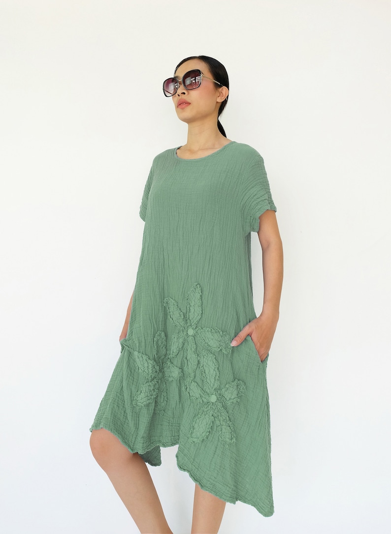 NO.200 Women/'s Short Sleeves Floral Appliqu\u00e9 Tunic Dress #Mint