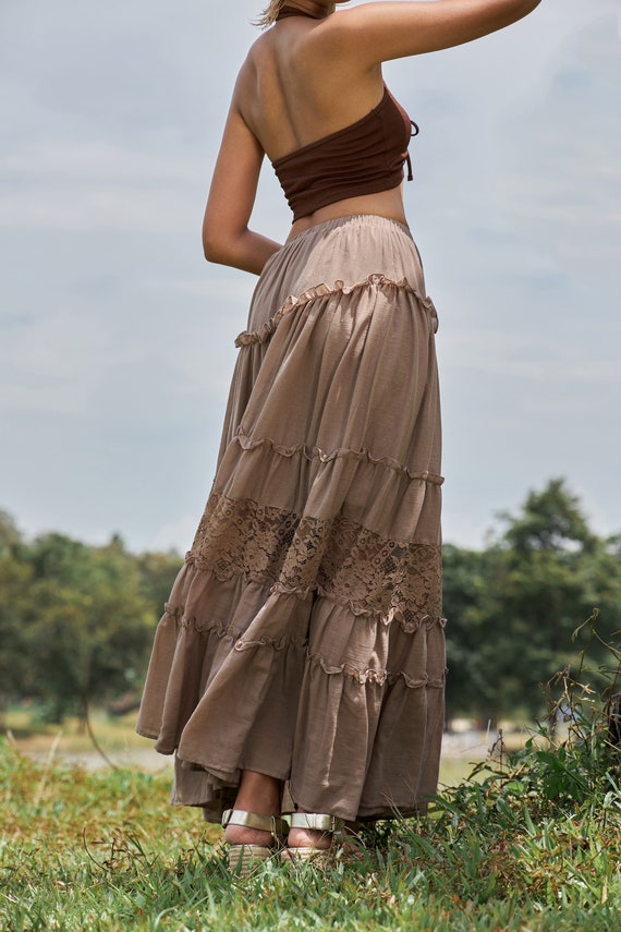 NEW---NO.317 Women's Tiered Lace Insert Maxi Skirt, Boho