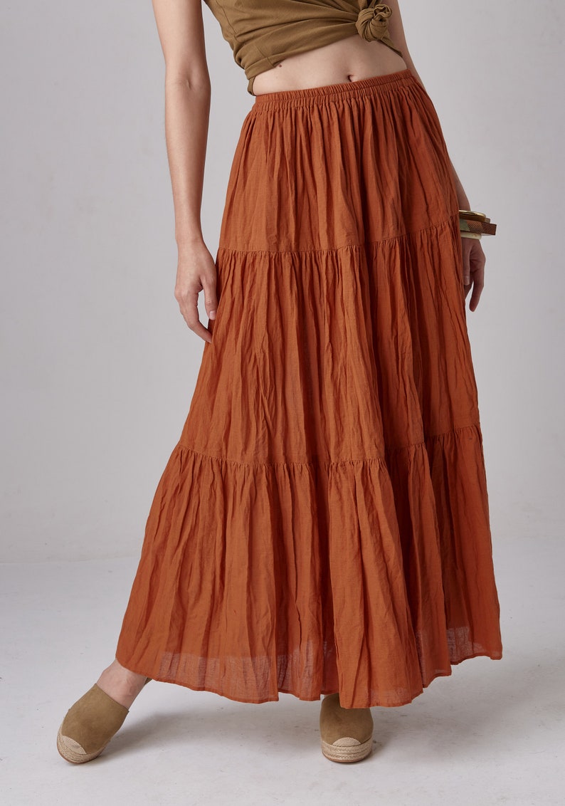 NO.5 Women's Hippie Gypsy Boho Tiered Peasant Long Maxi Skirt in Orange Ochre image 3