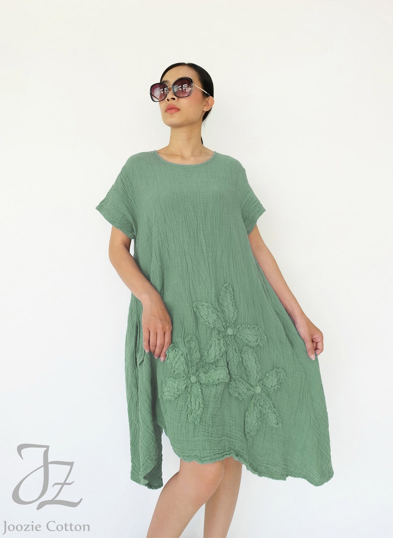 NO.200 Women/'s Short Sleeves Floral Appliqu\u00e9 Tunic Dress #Mint