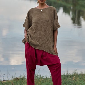 NO.246 Women's Minimalist Loose Kaftan Top, Short Sleeve Loungewear Caftan Natural Fiber Flexible image 4