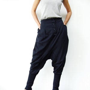 NO.64 Women's Button Front Detail Drop Crotch Harem Pants, Low Crotch Trousers, Casual Jogger Pants in Blue image 2