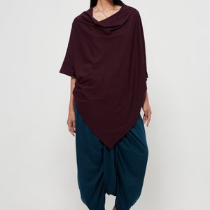 NO.63 Women's Cowl Neck Short Sleeve Top, Minimalist Clothing, Loose Asymmetrical Shirt in Plum image 6