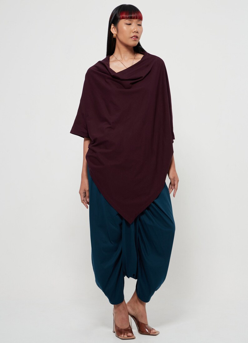 NO.63 Women's Cowl Neck Short Sleeve Top, Minimalist Clothing, Loose Asymmetrical Shirt in Plum image 6