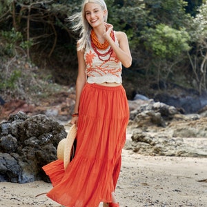 NO.5 Women's Hippie Gypsy Boho Tiered Peasant Long Maxi Skirt in Orange image 5