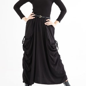 NO.123 Women's Large Patch Pocket Maxi Skirt, Long Maxi Skirt With Pockets, Comfy Casual Convertible Skirt in Black image 5