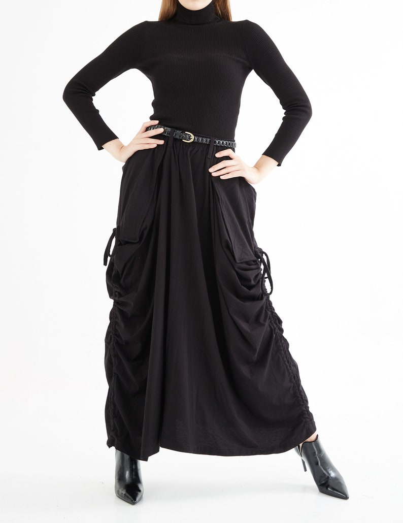 NO.123 Women's Large Patch Pocket Maxi Skirt, Long Maxi Skirt With Pockets, Comfy Casual Convertible Skirt in Black image 5