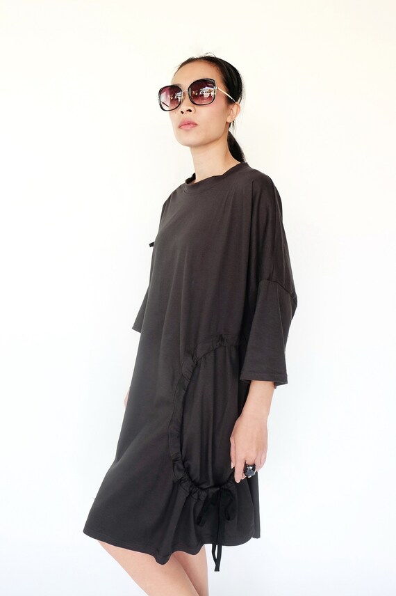 No.257 Women's Crew Neck Short Sleeve Ruched Circle Dress, T-Shirt Dress in Charcoal No.257 Women's Crew Neck Short Sleeve Ruched Circle Dress, T-Shirt Dress in Charcoal